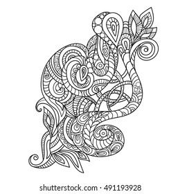 Hand Drawn Ornament with floral pattern. for coloring book for adult. Template for Greeting Card. Vector Monochrome background