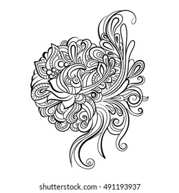 Hand Drawn Ornament with floral pattern. for coloring book for adult. Template for Greeting Card. Vector Monochrome background