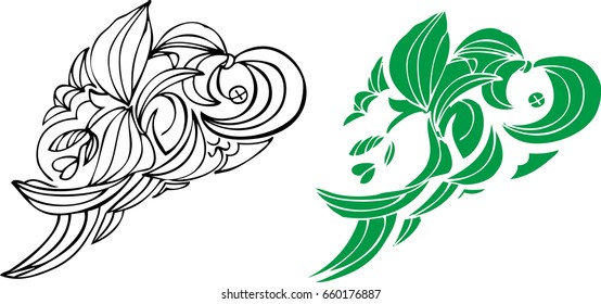 Hand Drawn Ornament with floral pattern. Template for Greeting Card. Vector Monochrome background