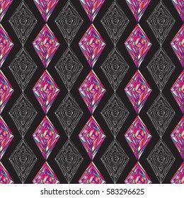 Hand drawn ornament pattern. Vector geometric tracery colorful seamless background. Abstract rhombus texture for wallpaper, wrapping, textile design, fabric.