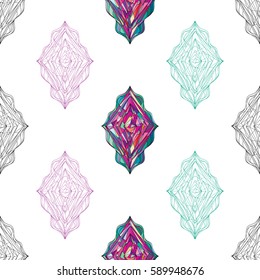 Hand drawn ornament pattern. Vector geometric tracery seamless background. Abstract colorful rhombus texture for wallpaper, wrapping, textile design, fabric.