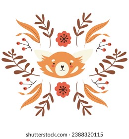 Hand drawn ornament with red panda or a fox with leaves, plants and flowers, for greetings, cards, posters. Isolated vector illustration