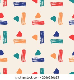 Hand drawn ornament seamless pattern. Colorful rough brush lines and triangles vector background.