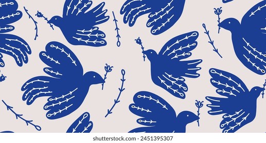 Hand drawn ornament seamless pattern with birds. Abstract trendy monochrome print.