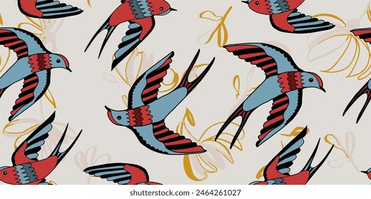Hand drawn ornament seamless pattern with birds and flowers. Abstract trendy print.
