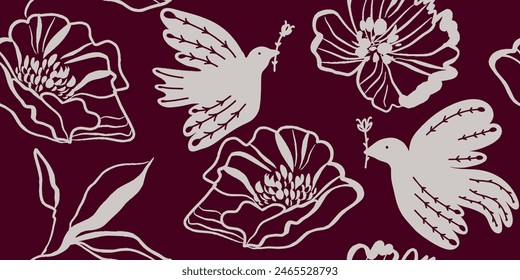 Dibujado a mano adorno sin patrón con pájaros y flores. Abstractas estampado monocromo de moda.
