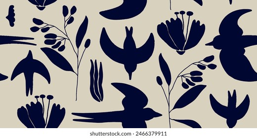 Hand drawn ornament seamless pattern with birds and flowers. Abstract trendy monochrome print.
