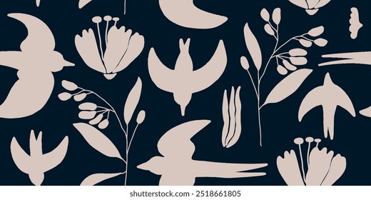 Hand drawn ornament seamless pattern with birds and flowers. Abstract trendy monochrome print.