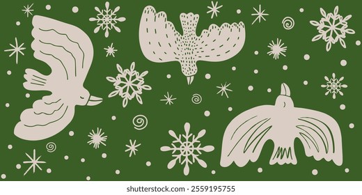 Hand drawn ornament seamless pattern with birds and snowflakes. Abstract trendy monochrome print.

