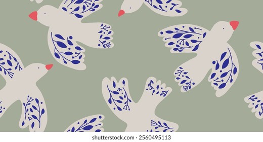 Hand drawn ornament seamless pattern with birds and floral elements. Abstract trendy print.
