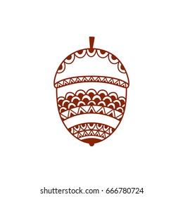 Hand drawn ornamental acorn  isolated on white. Pattern for coloring book.