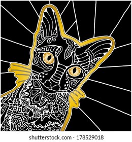 Hand drawn ornamental black cat, ornate decorative pattern, cartoon animal illustration, yellow, white and black