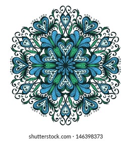 Hand drawn ornamental blue snowflake. Design element