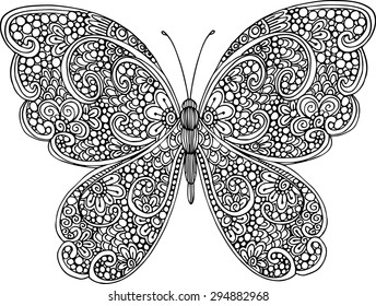 Hand drawn ornamental butterfly outline illustration with decorative ornaments