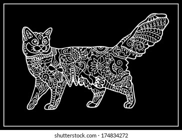 Hand drawn ornamental cat, black and white decorative pattern, cartoon animal illustration