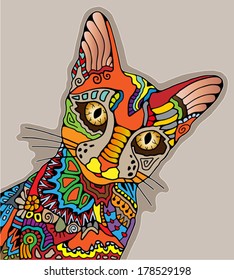 Hand drawn ornamental cat, colorful ornate decorative pattern, cartoon animal illustration