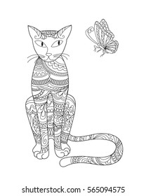 Hand drawn ornamental cat in zen style with butterfly for decorate stationary, dishes, porcelain, ceramics, adult coloring books. eps 10