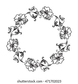 Hand drawn ornamental circle frame. Vector illustration isolated on white