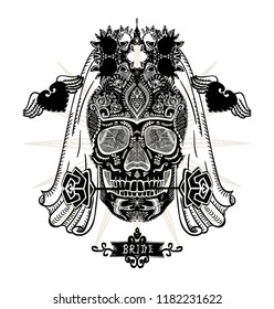 Hand drawn ornamental decorated bride skull, sugar skull with veil, t-shirt design concept, tattoo sketch, vector illustration