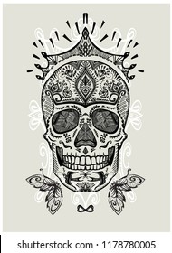 Hand drawn ornamental decorated skull, sugar skull with crown, vector illustration