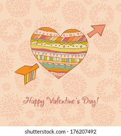 Hand drawn ornamental doodle heart. Template for design greeting cards with illustration and place for your text