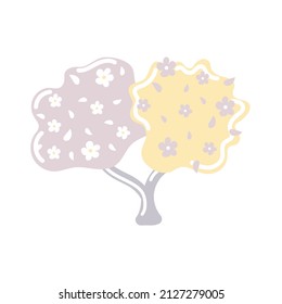 Hand drawn ornamental double yellow-pink shrub with flowers. Neutral color palette. Magic tall bush. Childish illustration in flat cartoon style isolated on white background.