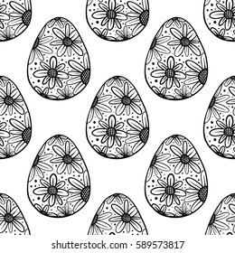 Hand drawn ornamental eggs seamless pattern. Design for banner, poster, apparel design. Vector illustration, black and white colors.