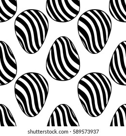 Hand drawn ornamental eggs seamless pattern. Design for banner, poster, apparel design. Vector illustration, black and white colors.