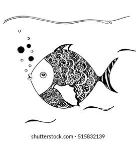 Hand drawn ornamental fish. Black white drawn. You may use it for coloring pages for adults. 