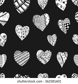 Hand drawn ornamental heart with love in doodle, zentangle tribal style, seamless pattern for adult coloring pages, card for St. Valentine's day. Vector decoration elements for postcard design.