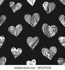 Hand drawn ornamental heart with love in doodle, zentangle tribal style, seamless pattern for adult coloring pages, card for St. Valentine's day. Vector decoration elements for postcard design.