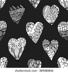 Hand drawn ornamental heart with love in doodle, Zentangle tribal style, seamless pattern for adult coloring pages, card for St. Valentine's day. Vector decoration elements for postcard design.