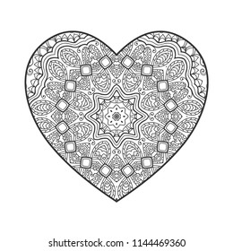 Hand drawn ornamental Heart, mandala pattern. Vector doodle drawing for coloring book. Invitation card design element. Monochrome sketch for textile fabric or paper print. Isolated on white background