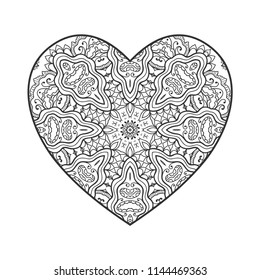 Hand drawn ornamental Heart, mandala pattern. Vector doodle drawing for coloring book. Invitation card design element. Monochrome sketch for textile fabric or paper print. Isolated on white background