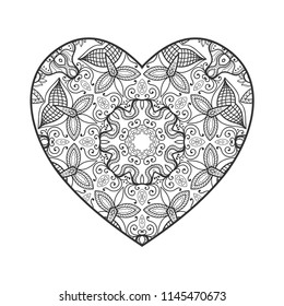 Hand drawn ornamental Heart, mandala pattern. Vector doodle drawing for coloring book. Invitation card design element. Monochrome sketch for textile fabric or paper print. Isolated on white background