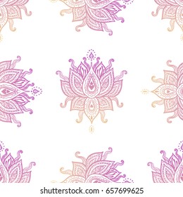 Hand drawn ornamental lotus seamless pattern. Oriental, spiritual, magic, ethnic, boho, alchemy surface pattern design.