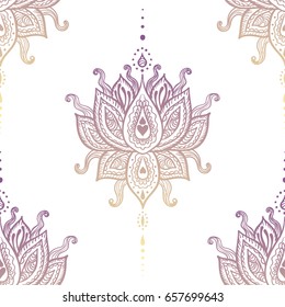 Hand drawn ornamental lotus seamless pattern. Oriental, spiritual, magic, ethnic, boho, alchemy surface pattern design.