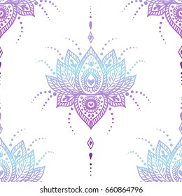 Hand drawn ornamental lotus seamless pattern. Oriental, spiritual, magic, ethnic, boho, alchemy surface pattern design.