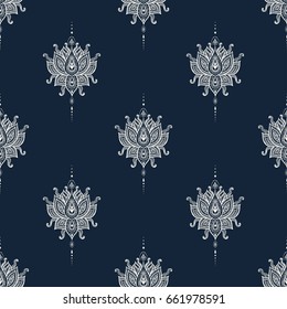 Hand drawn ornamental lotus seamless pattern. Oriental, spiritual, magic, ethnic, boho, alchemy surface pattern design.