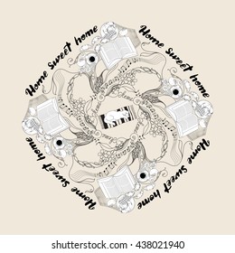 Hand drawn  ornamental mandala with calligraphic quote 'Home sweet home'.  For housewarming posters, greeting cards, home decorations, mood board. Circle vintage ornate pattern on light  background.  