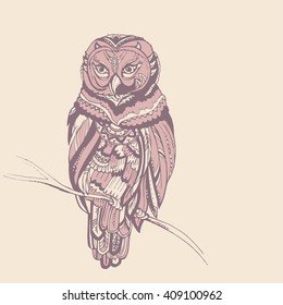 Hand drawn ornamental owl. Vector art