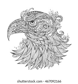 Hand drawn Ornamental Tattoo Eagle Head. Highly Detailed Abstract Isolated.