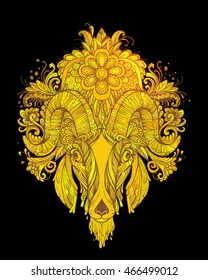 Hand drawn Ornamental Tattoo Goat Head. Highly Detailed Abstract Isolated.