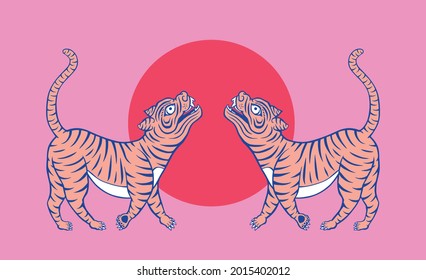 Hand drawn ornamental tigers illustration set. Applicable for Chinoiserie design, oriental interior design, textile, surface design, Horoscope, Chinese Lunar new Year, logo, emblem, and symbolism.