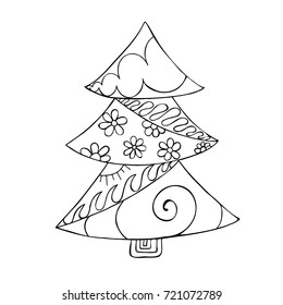 Hand drawn ornamental Tree isolated on white background. Christmas tree in doodle style. Vector.
