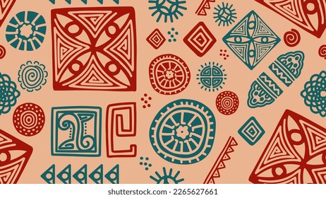 Hand drawn ornamental tribal seamless pattern, vector illustration aztec african drawing. Abstract symbols red and green pictogram decoration, good for fabric textile print and wrapping.