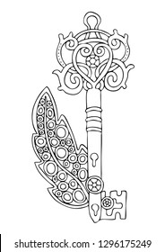Hand drawn ornamental vintage key. Sketch for anti stress adult coloring page. Vector illustration.