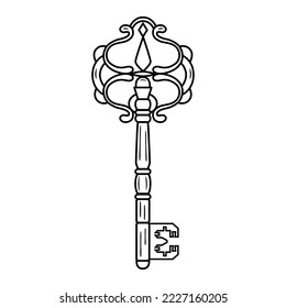 Hand drawn ornamental vintage key in line art. Retro decor, symbol, talisman, antique style, boho. Vector doodle sketch illustration isolated on white background