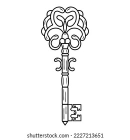 Hand drawn ornamental vintage key in line art. Retro decor, symbol, talisman, antique style, boho. Vector doodle sketch illustration isolated on white background