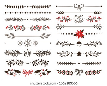 Hand drawn ornamental winter dividers. Snowflakes borders, Christmas holiday decor and floral ornate dividers. Ornamental wedding or Xmas card floral frames separators. Isolated vector symbols set